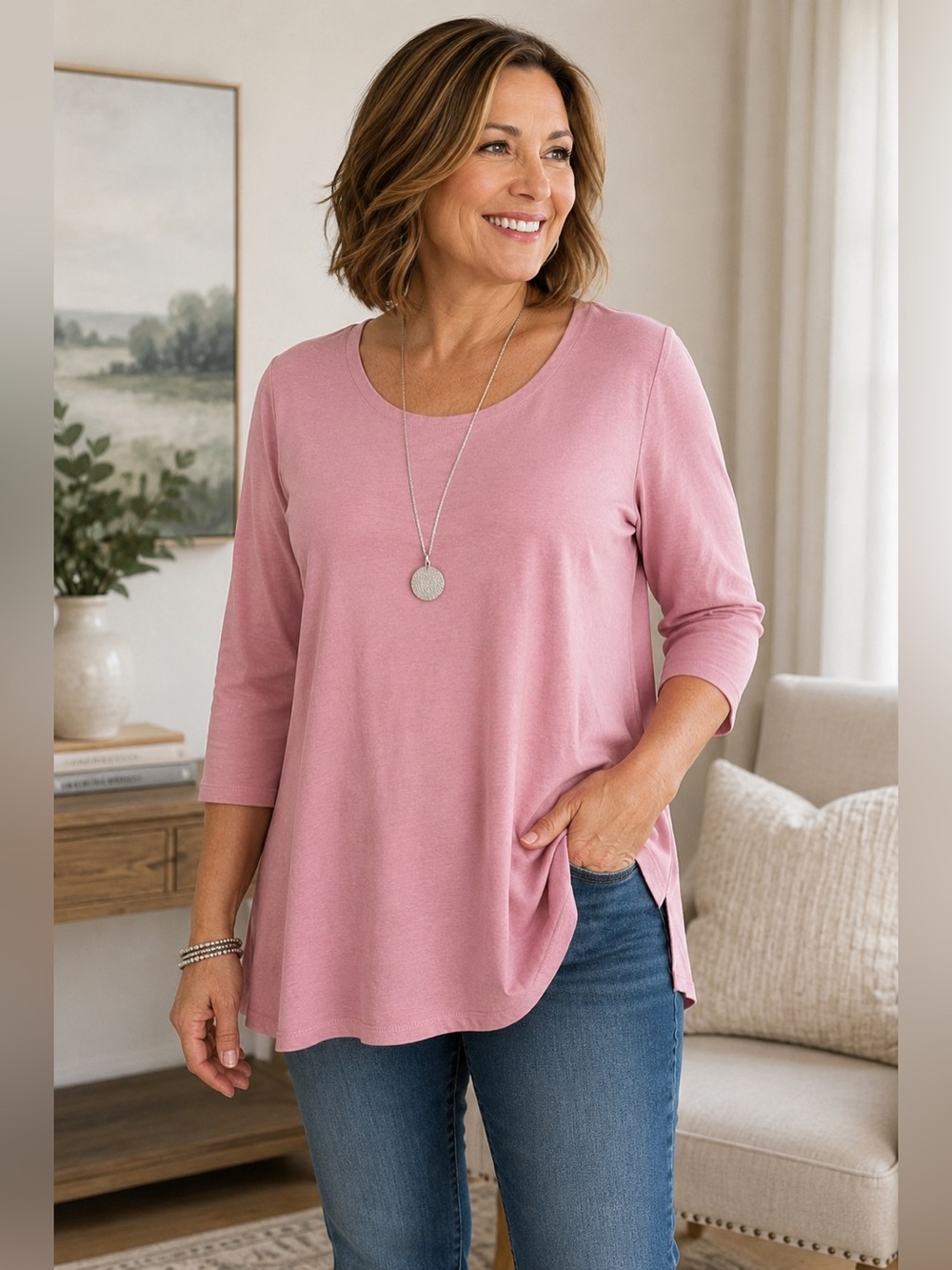J.Jill Luxe Supima A-Line Tunic Top Large Pink 3/4 Sleeve Soft Stretch